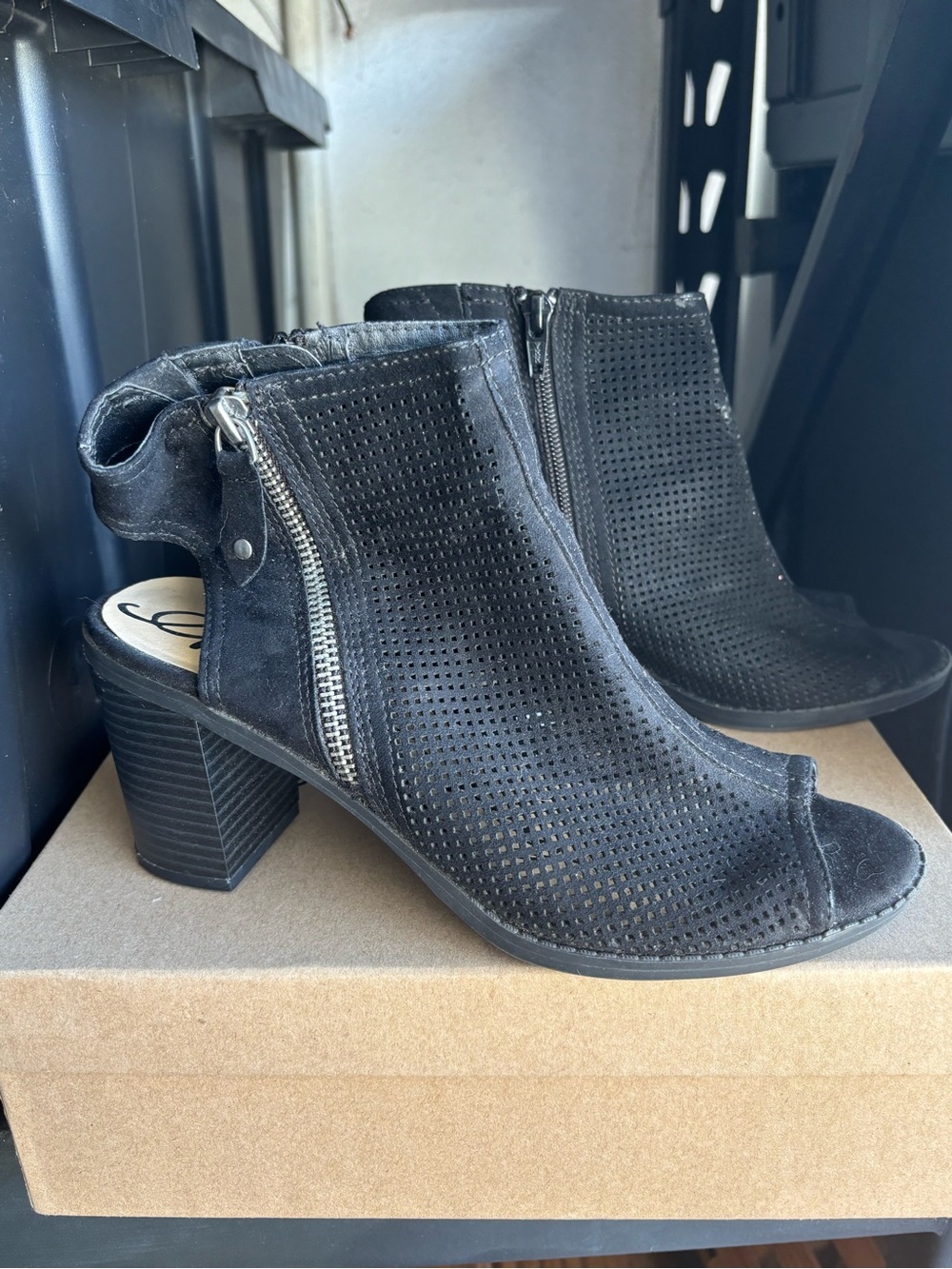 American Rag Black Perforated Peep-Toe Block Heel Booties